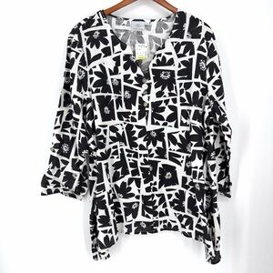✨NWT Hot Cotton Linen Cotton Tunic 1X White Black Roll Tab Sleeve Coastal Resort